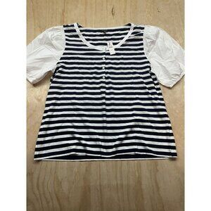 Talbots Black & White Woven Sleeve Henley Tee in Bali Stripe Buttons Women’s XL